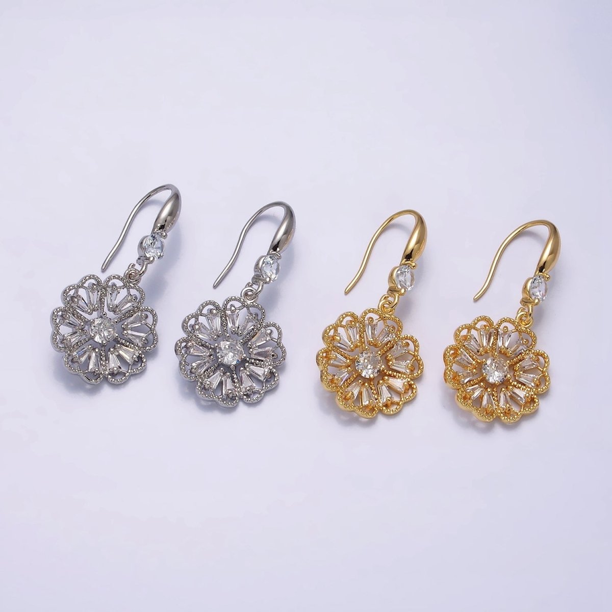 16K Gold Filled Open Flower Triangle Baguette Beaded CZ Drop French Hook Earrings in Gold &amp; Silver | AD1548 AD1549