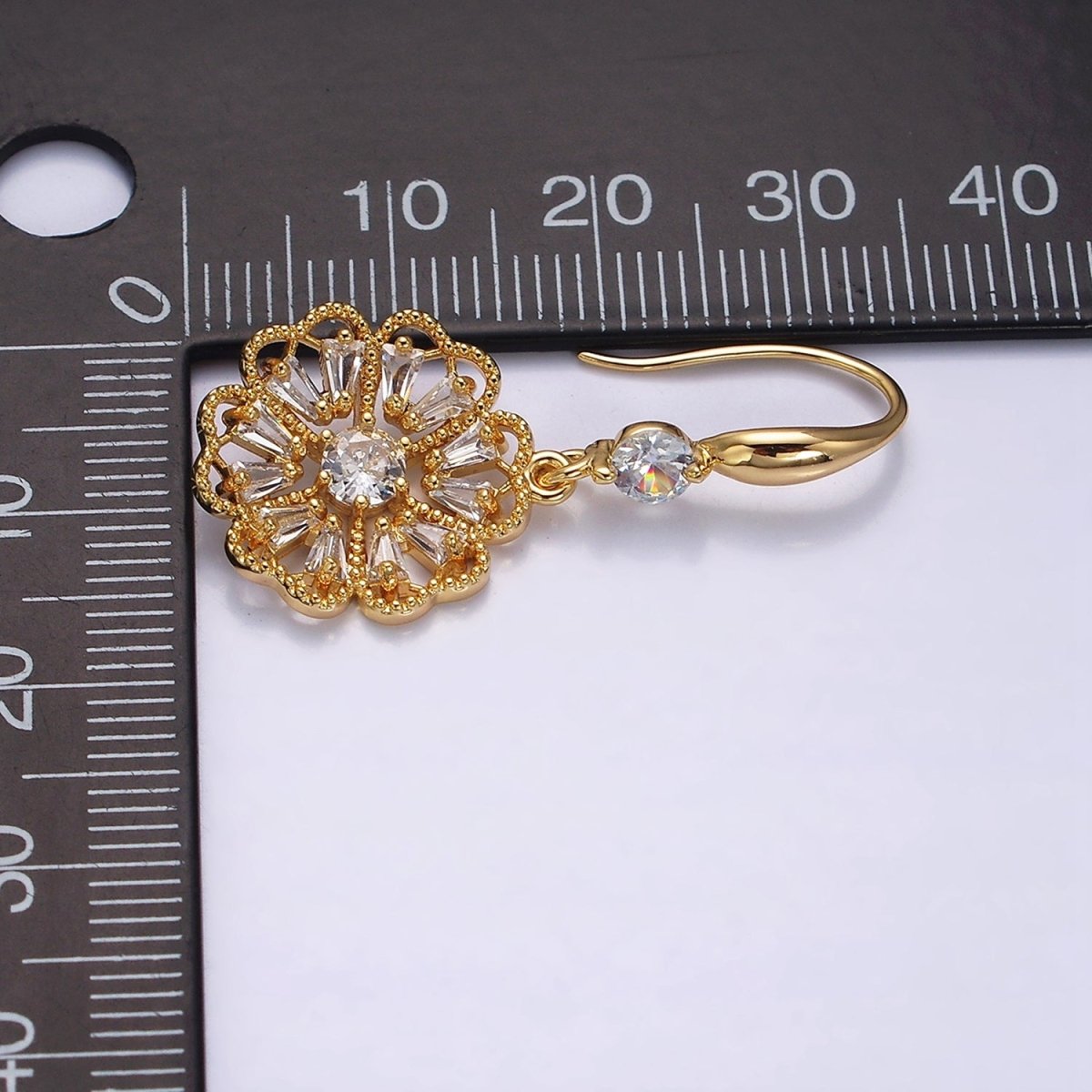 16K Gold Filled Open Flower Triangle Baguette Beaded CZ Drop French Hook Earrings in Gold &amp; Silver | AD1548 AD1549