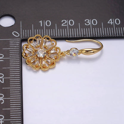 16K Gold Filled Open Flower Triangle Baguette Beaded CZ Drop French Hook Earrings in Gold &amp; Silver | AD1548 AD1549