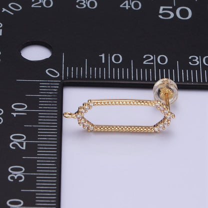24K Gold Filled Open Hexagon Micro Paved CZ Drop Stud Earrings Findings | Z818