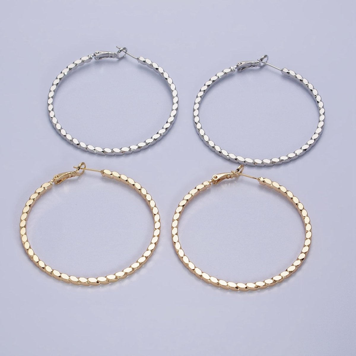 16K Gold Filled Oval Textured Geometric 40mm, 50mm Hinge Hoop Earrings in Gold &amp; Silver | AB-1559 AB-1560 AB-1435 AB-1436