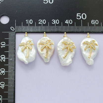 16K Gold Filled Palm Tree Micro Paved CZ Freshwater Pearl Charm | AC1331 P1561
