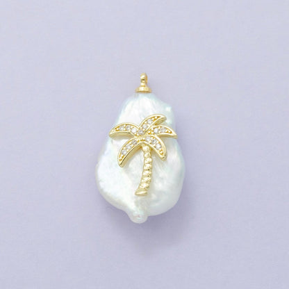 16K Gold Filled Palm Tree Micro Paved CZ Freshwater Pearl Charm | AC1331 P1561