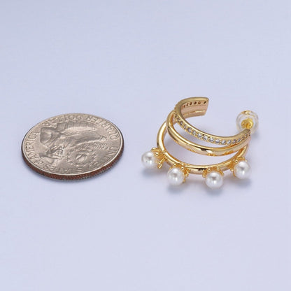 16K Gold Filled Pearl Micro Paved CZ Triple Band C-Shaped Hoop Earrings | AD-276
