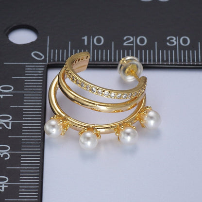 16K Gold Filled Pearl Micro Paved CZ Triple Band C-Shaped Hoop Earrings | AD-276