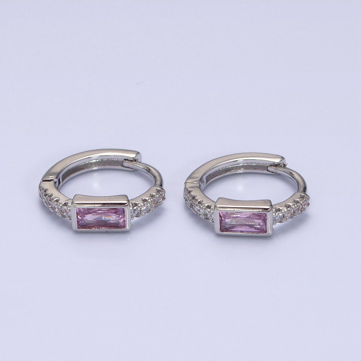 16K Gold Filled Pink Baguette Micro Paved 12.5mm Thin Cartilage Earrings in Silver &amp; Gold | AB1545 AE772