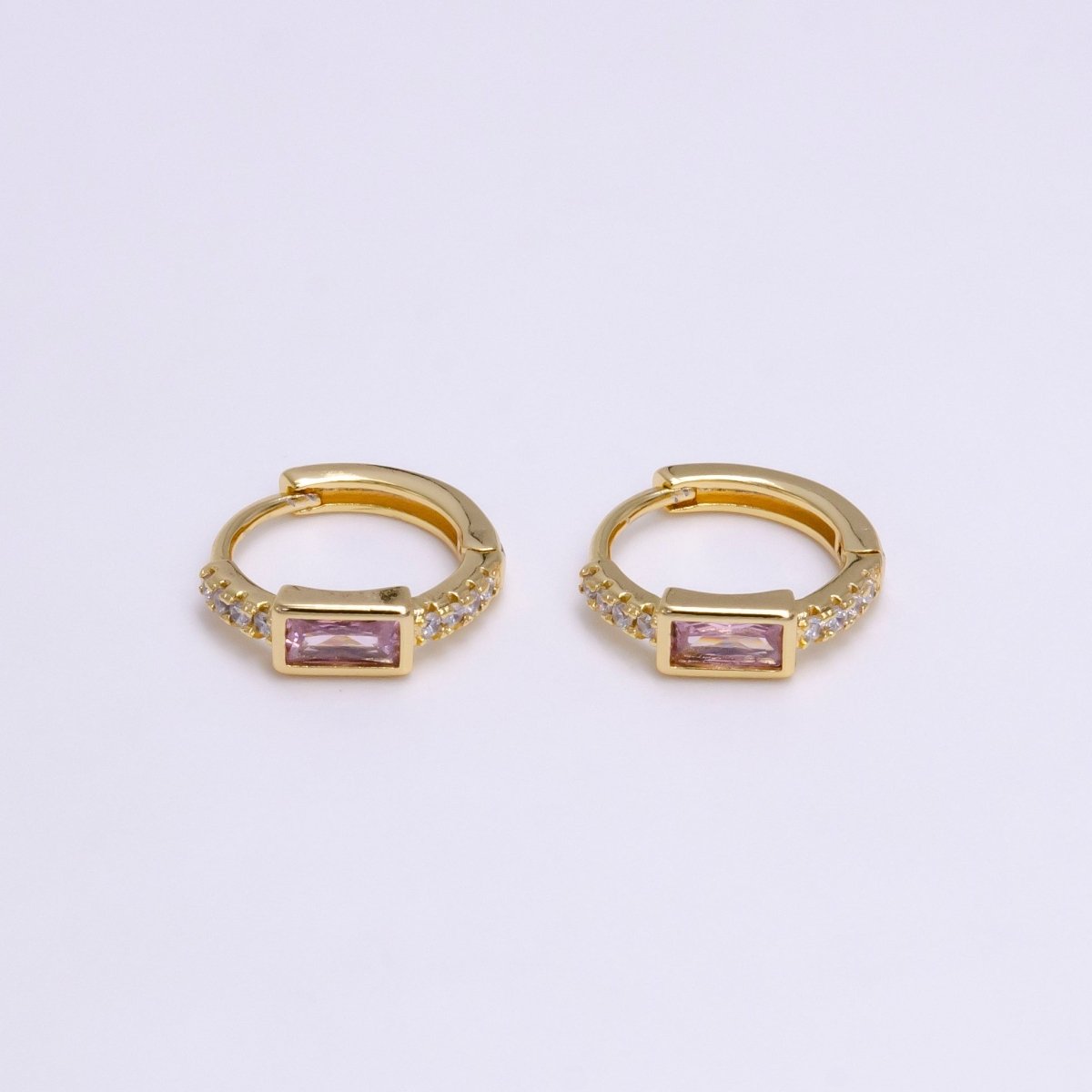 16K Gold Filled Pink Baguette Micro Paved 12.5mm Thin Cartilage Earrings in Silver &amp; Gold | AB1545 AE772