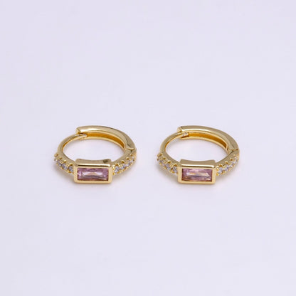 16K Gold Filled Pink Baguette Micro Paved 12.5mm Thin Cartilage Earrings in Silver &amp; Gold | AB1545 AE772