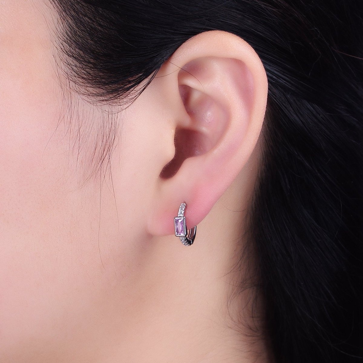 16K Gold Filled Pink Baguette Micro Paved 12.5mm Thin Cartilage Earrings in Silver &amp; Gold | AB1545 AE772