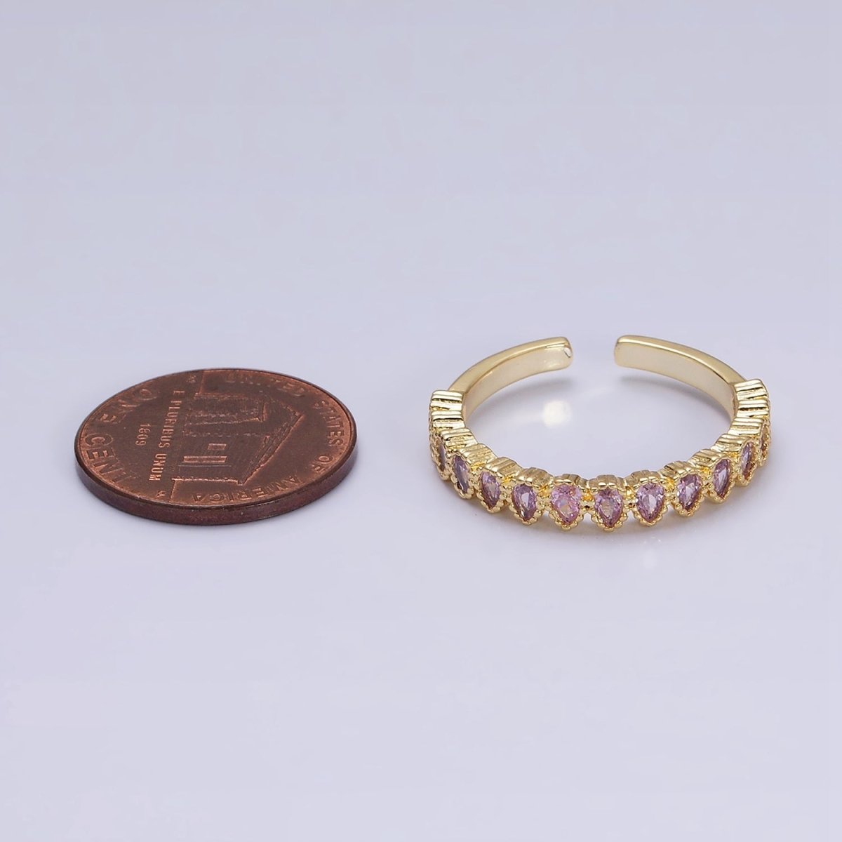 16K Gold Filled Pink CZ Teardrop Lined Open Adjustable Ring in Gold &amp; Silver | O-1603 O-1604