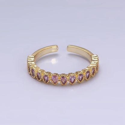 16K Gold Filled Pink CZ Teardrop Lined Open Adjustable Ring in Gold &amp; Silver | O-1603 O-1604