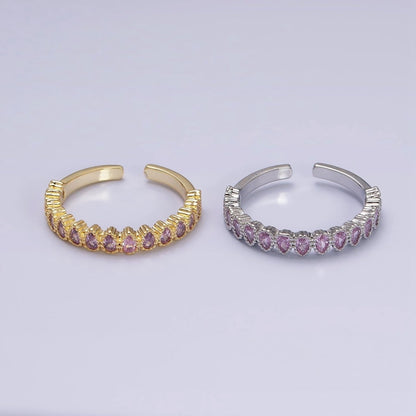 16K Gold Filled Pink CZ Teardrop Lined Open Adjustable Ring in Gold &amp; Silver | O-1603 O-1604