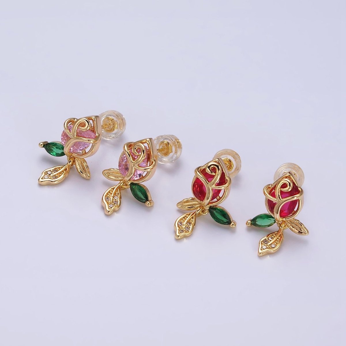 16K Gold Filled Pink, Red Rose Flower CZ Stud Earrings | AE768 AE-590