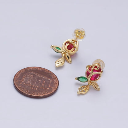16K Gold Filled Pink, Red Rose Flower CZ Stud Earrings | AE768 AE-590