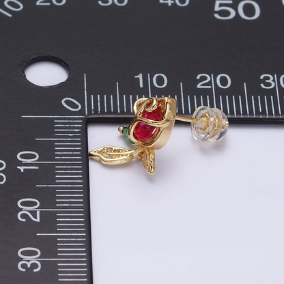 16K Gold Filled Pink, Red Rose Flower CZ Stud Earrings | AE768 AE-590