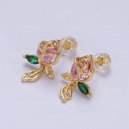 16K Gold Filled Pink, Red Rose Flower CZ Stud Earrings | AE768 AE-590