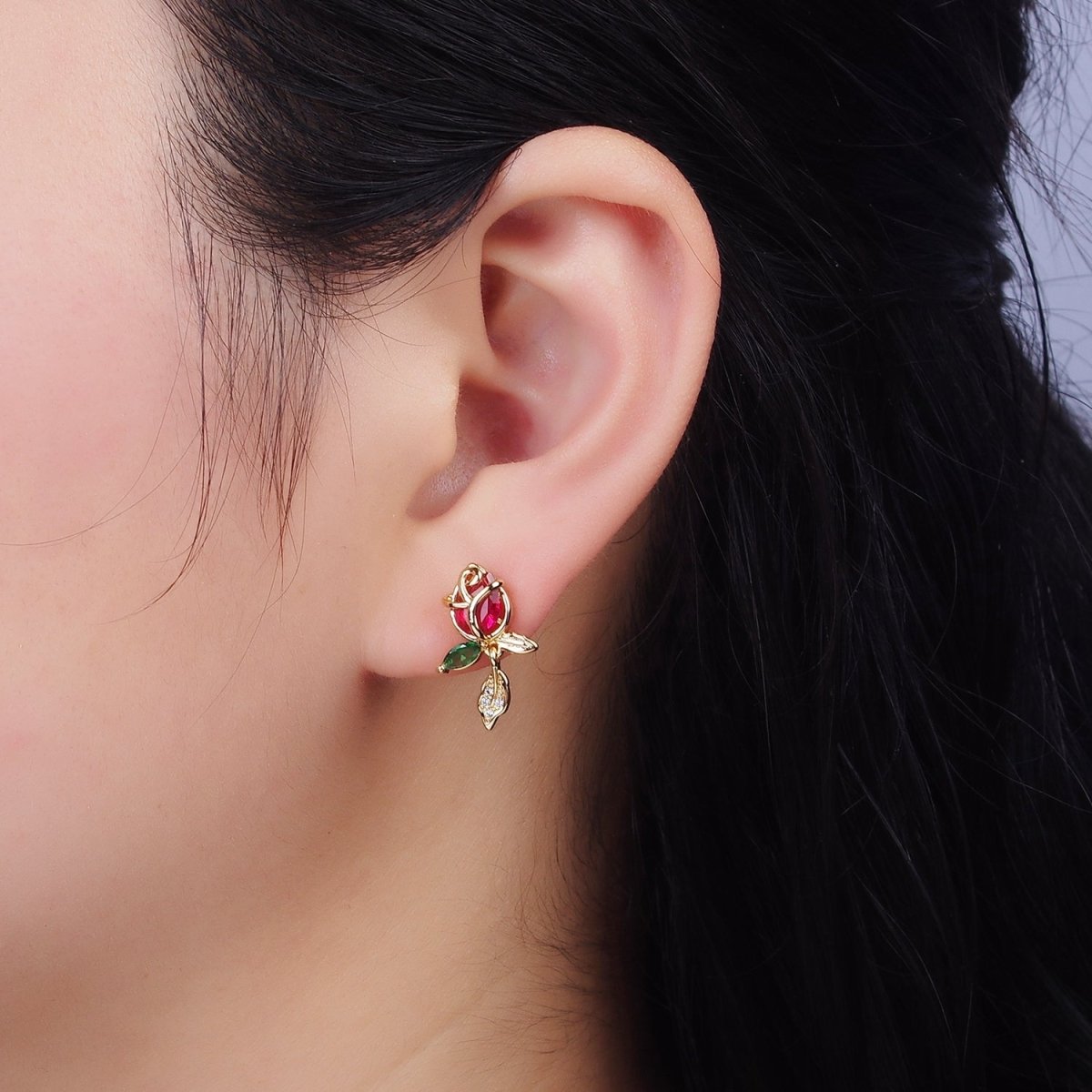 16K Gold Filled Pink, Red Rose Flower CZ Stud Earrings | AE768 AE-590