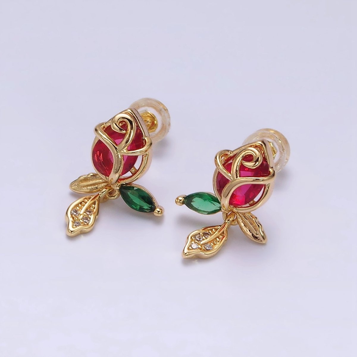 16K Gold Filled Pink, Red Rose Flower CZ Stud Earrings | AE768 AE-590
