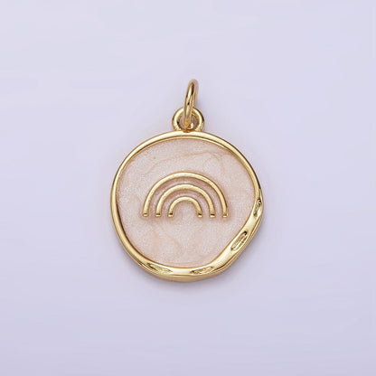 16K Gold Filled Rainbow Doodle Broken White, Pink Sparkly Enamel Stamped Dented Round Charm | AG156 AG157