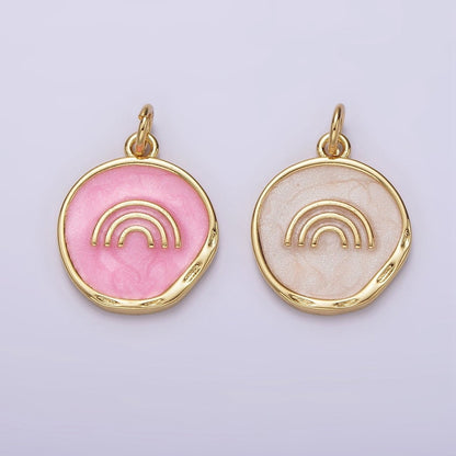 16K Gold Filled Rainbow Doodle Broken White, Pink Sparkly Enamel Stamped Dented Round Charm | AG156 AG157