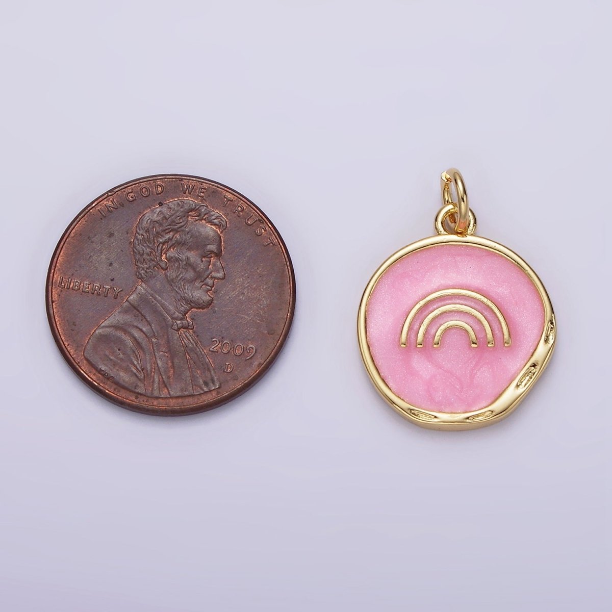 16K Gold Filled Rainbow Doodle Broken White, Pink Sparkly Enamel Stamped Dented Round Charm | AG156 AG157