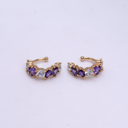 16K Gold Filled Red, Black, Green, Blue, Purple, Pink, Multicolor CZ Lined Ear Cuff Earrings | AI068 - AI074