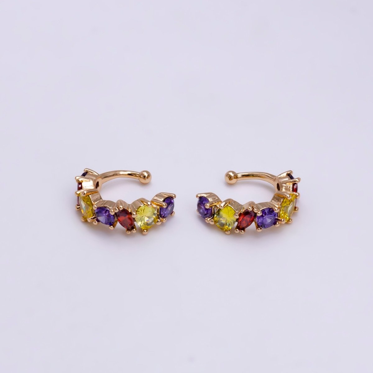 16K Gold Filled Red, Black, Green, Blue, Purple, Pink, Multicolor CZ Lined Ear Cuff Earrings | AI068 - AI074