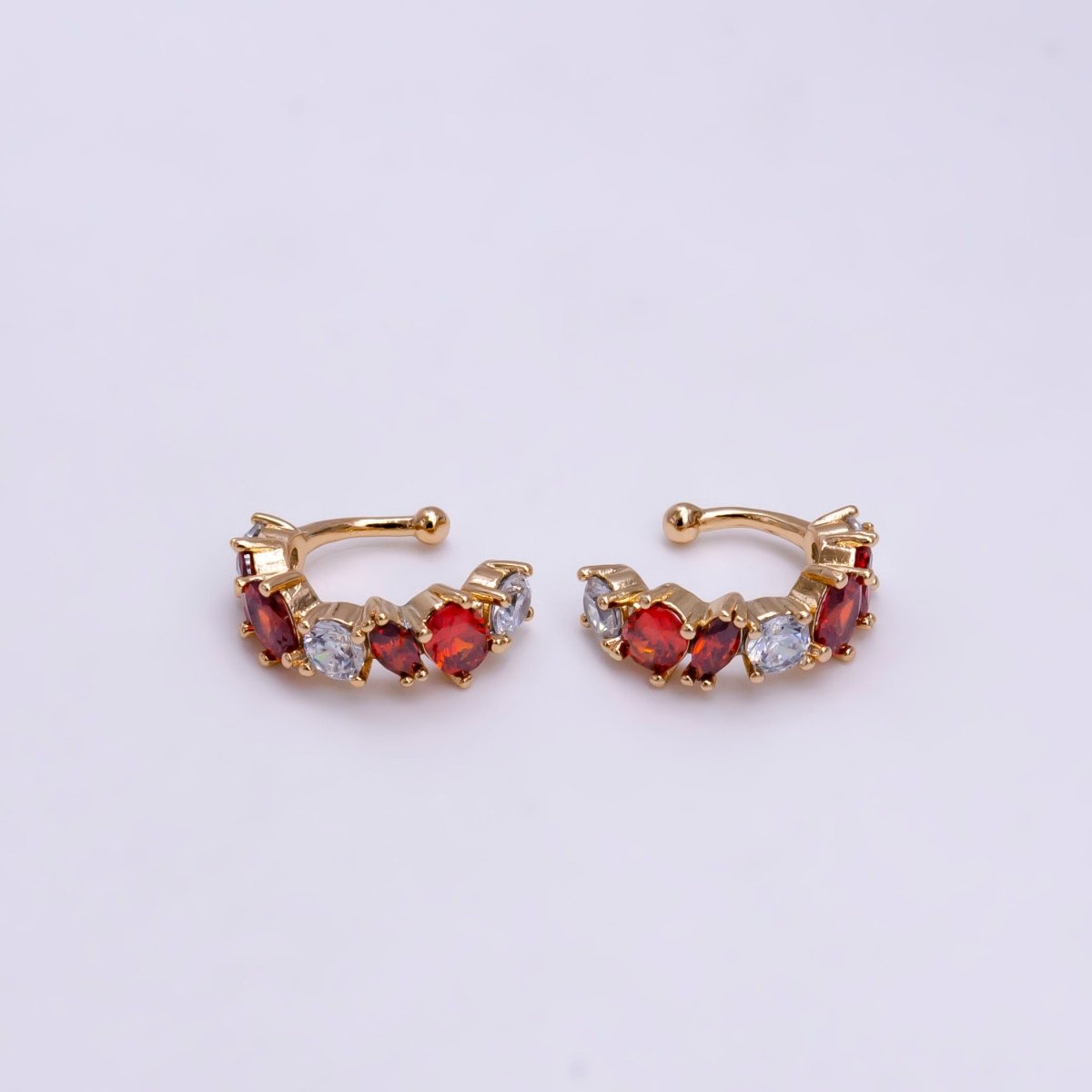 16K Gold Filled Red, Black, Green, Blue, Purple, Pink, Multicolor CZ Lined Ear Cuff Earrings | AI068 - AI074