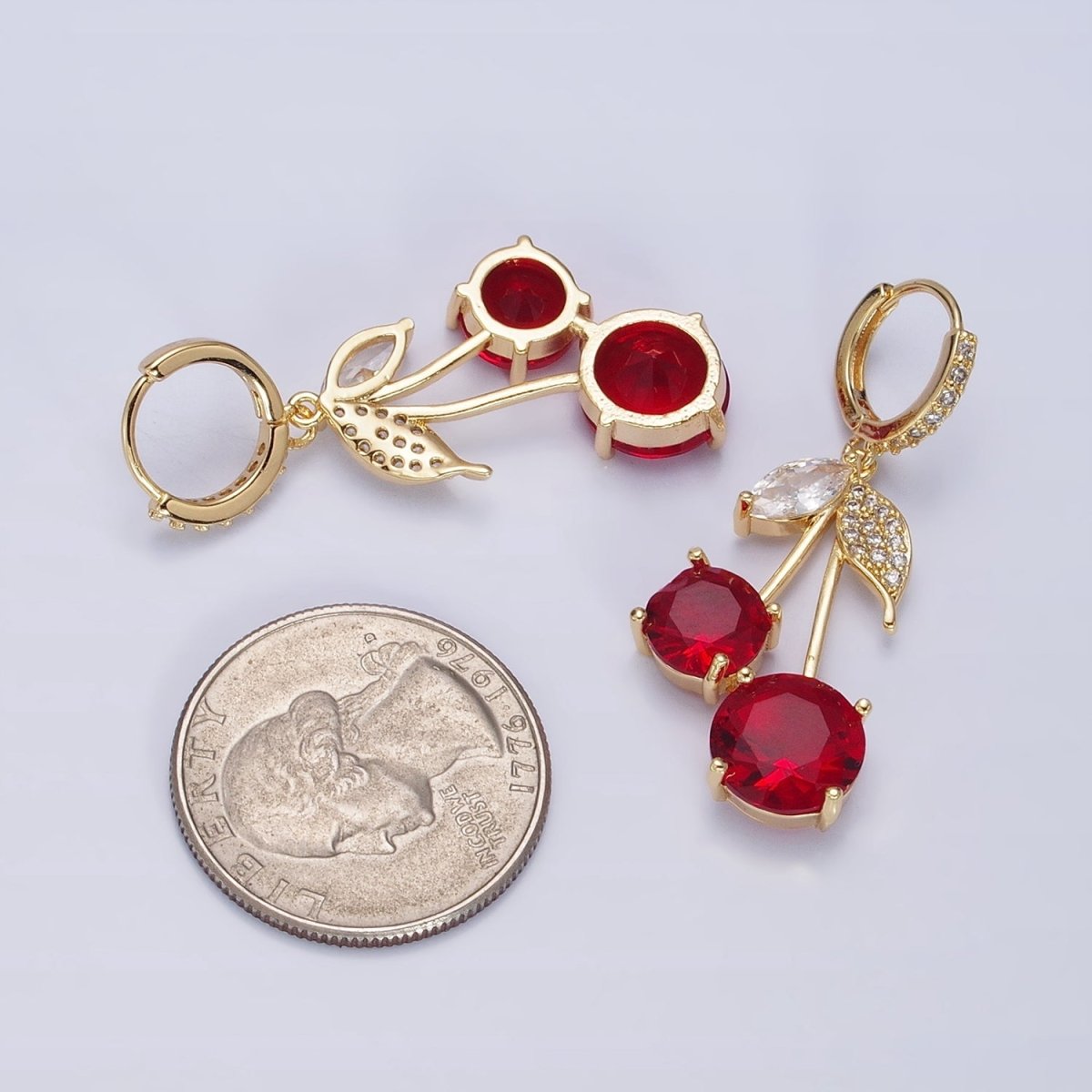 16K Gold Filled Red Cherry Fruit Drop Micro Paved Huggie in Gold &amp; Silver | AD933 AD934