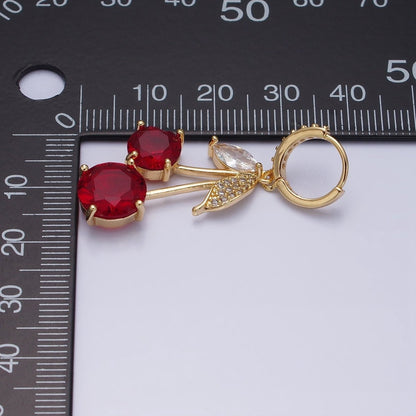 16K Gold Filled Red Cherry Fruit Drop Micro Paved Huggie in Gold &amp; Silver | AD933 AD934