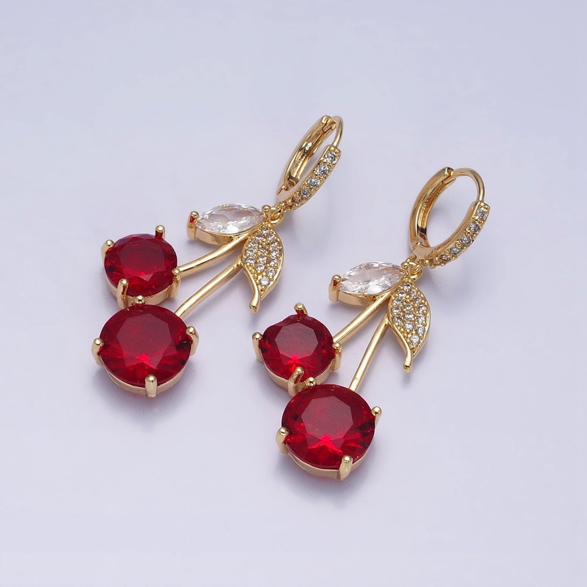 16K Gold Filled Red Cherry Fruit Drop Micro Paved Huggie in Gold &amp; Silver | AD933 AD934
