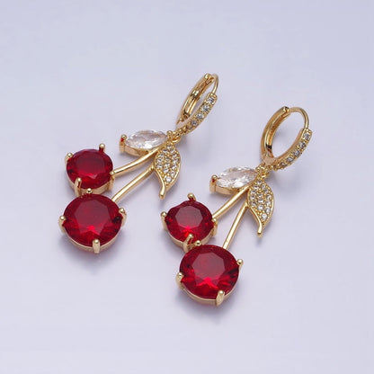16K Gold Filled Red Cherry Fruit Drop Micro Paved Huggie in Gold &amp; Silver | AD933 AD934