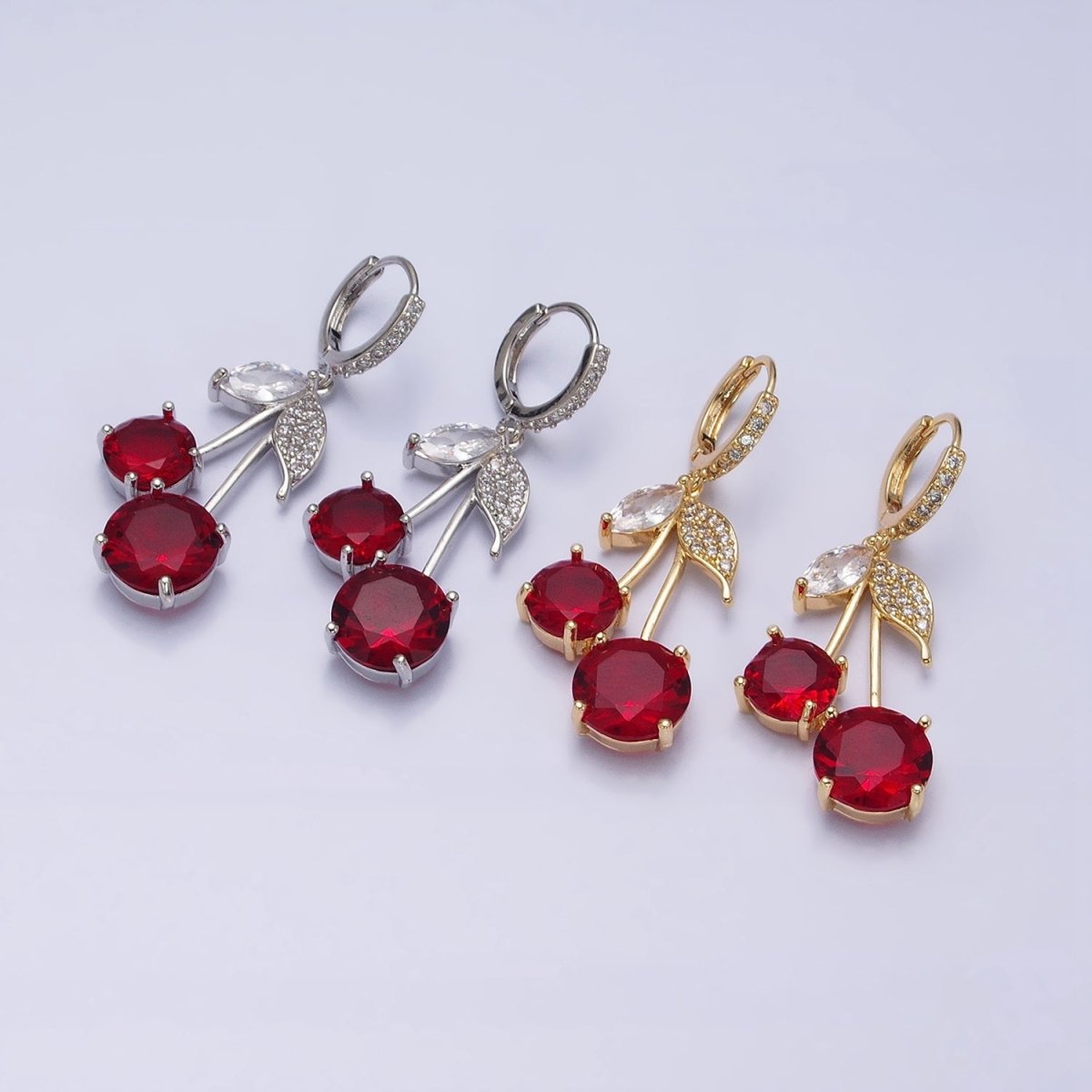 16K Gold Filled Red Cherry Fruit Drop Micro Paved Huggie in Gold &amp; Silver | AD933 AD934