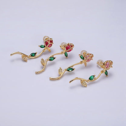 16K Gold Filled Red, Pink Rose Flower Green Marquise CZ Gold Stud Earrings | AE825 AE826