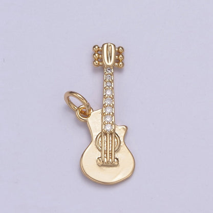 16k Gold Filled Rock n Roll Tiny Guitar Charm Musician Guitarist with CZ Pendant Necklace N-429