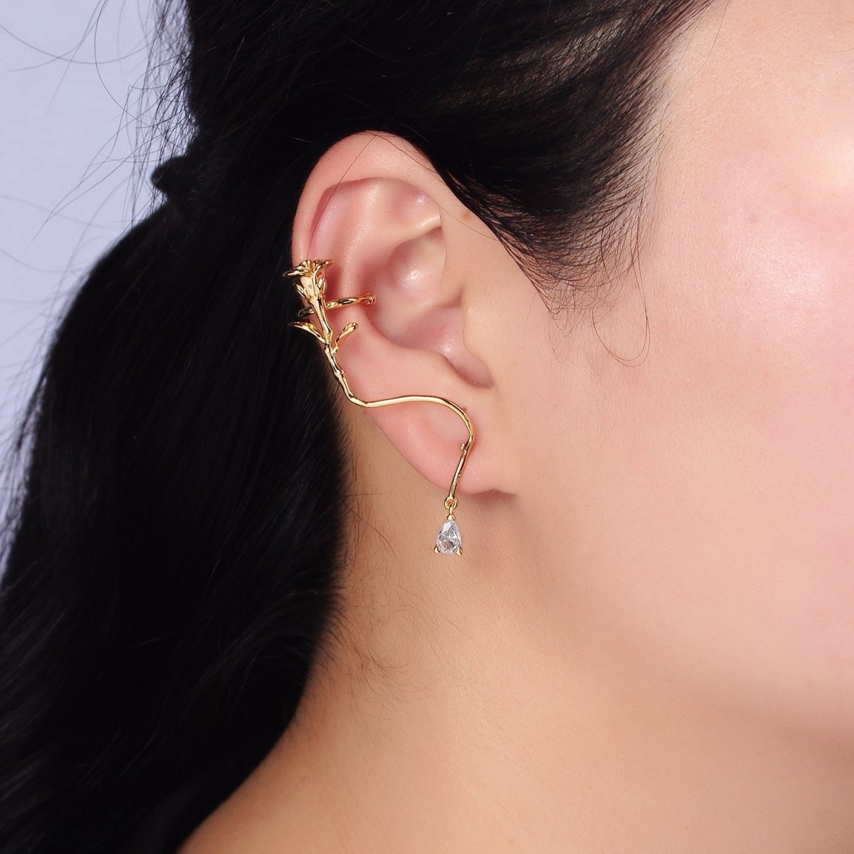 16K Gold Filled Rose Flower Long Vine Teardrop Dangle Ear Cuff Stud Earrings in Silver &amp; Gold | AD-361 AD-362