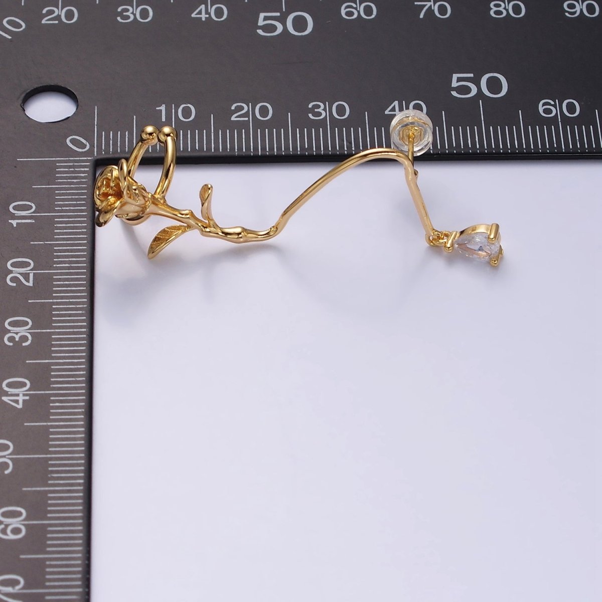 16K Gold Filled Rose Flower Long Vine Teardrop Dangle Ear Cuff Stud Earrings in Silver &amp; Gold | AD-361 AD-362