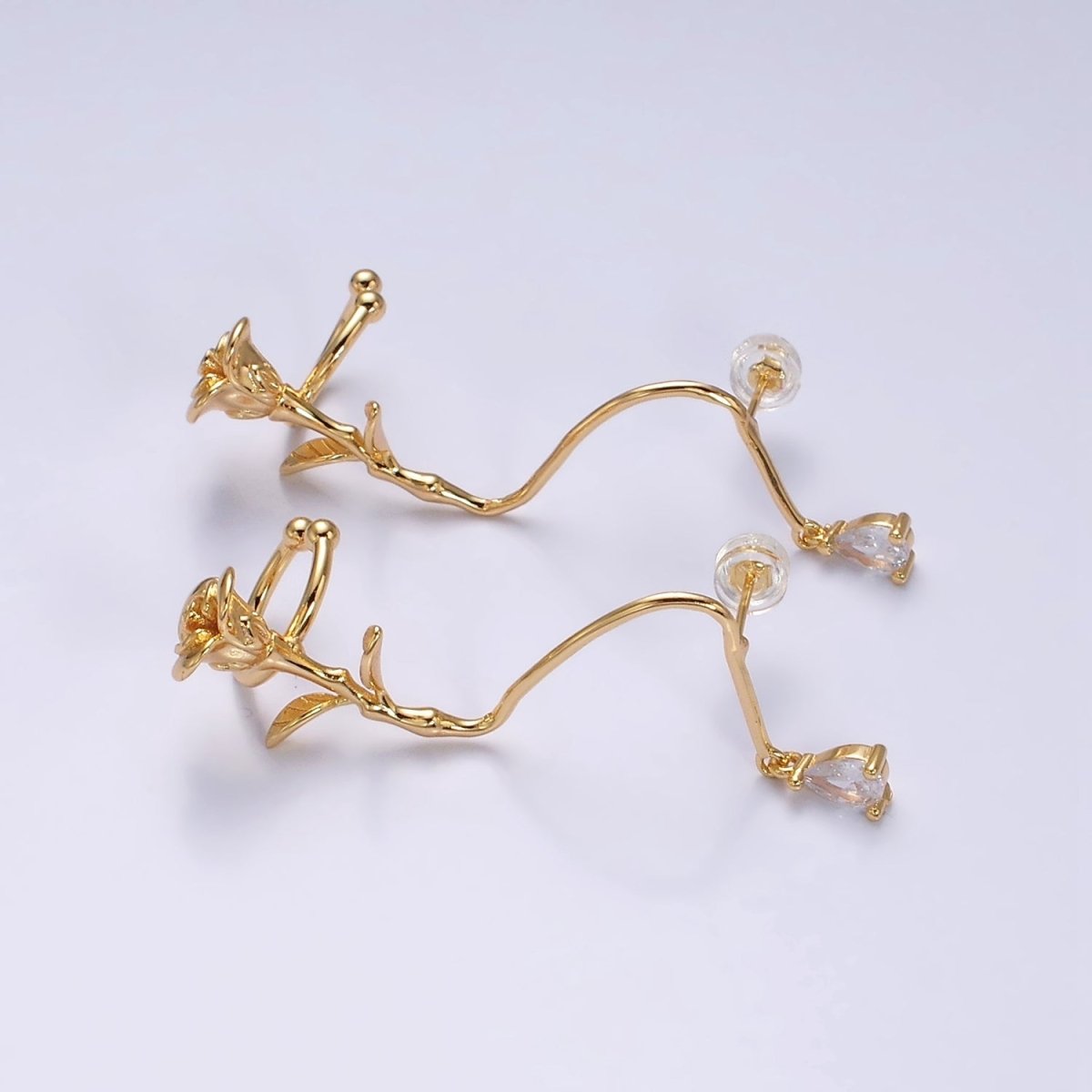 16K Gold Filled Rose Flower Long Vine Teardrop Dangle Ear Cuff Stud Earrings in Silver &amp; Gold | AD-361 AD-362