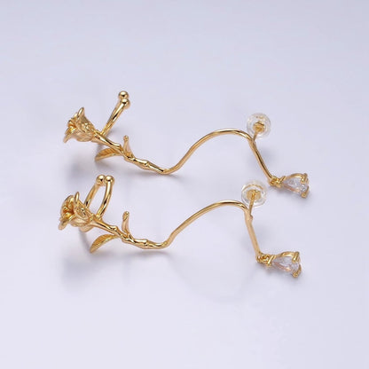 16K Gold Filled Rose Flower Long Vine Teardrop Dangle Ear Cuff Stud Earrings in Silver &amp; Gold | AD-361 AD-362