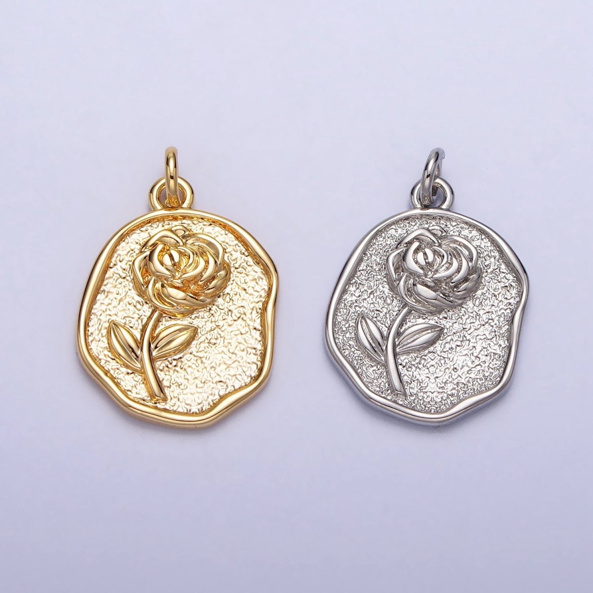 16K Gold Filled Rose Flower Textured Oval Charm in Gold &amp; Silver | AC009 AC265