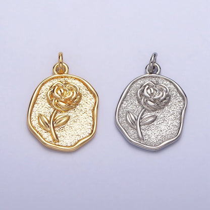16K Gold Filled Rose Flower Textured Oval Charm in Gold &amp; Silver | AC009 AC265