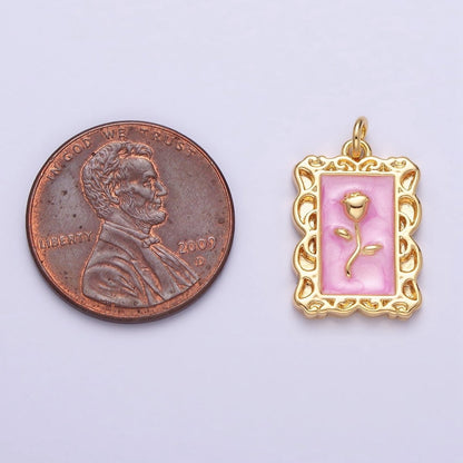16K Gold Filled Rose Flower White, Blue, Pink Sparkly Enamel Rectangular Charm in Gold &amp; Silver | AC1350 - AC1355