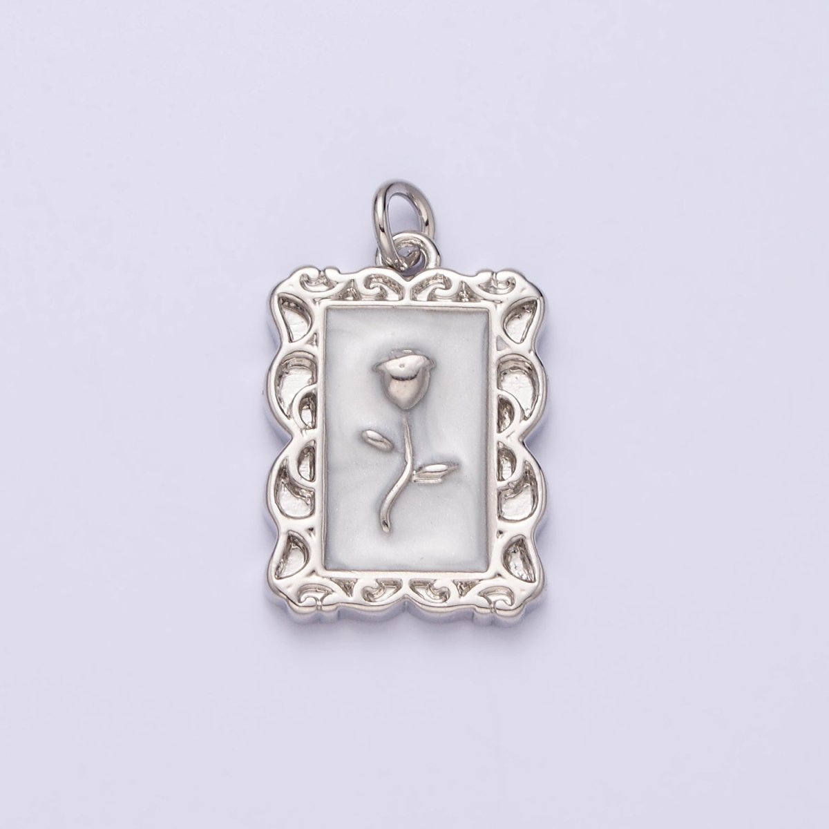 16K Gold Filled Rose Flower White, Blue, Pink Sparkly Enamel Rectangular Charm in Gold &amp; Silver | AC1350 - AC1355
