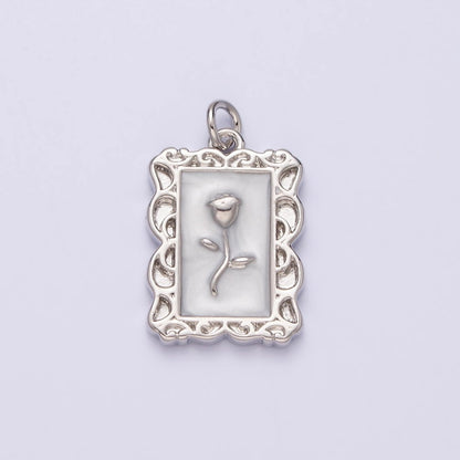16K Gold Filled Rose Flower White, Blue, Pink Sparkly Enamel Rectangular Charm in Gold &amp; Silver | AC1350 - AC1355