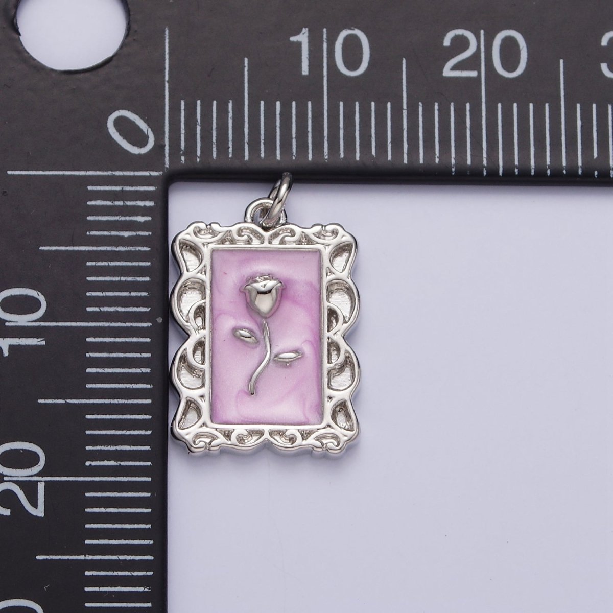 16K Gold Filled Rose Flower White, Blue, Pink Sparkly Enamel Rectangular Charm in Gold &amp; Silver | AC1350 - AC1355
