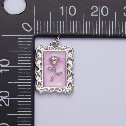 16K Gold Filled Rose Flower White, Blue, Pink Sparkly Enamel Rectangular Charm in Gold &amp; Silver | AC1350 - AC1355