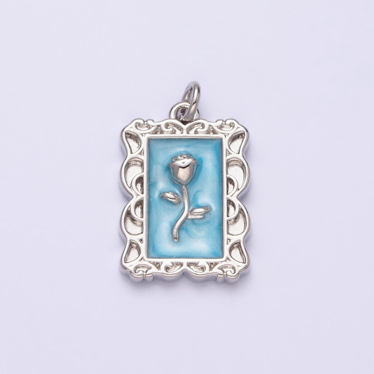 16K Gold Filled Rose Flower White, Blue, Pink Sparkly Enamel Rectangular Charm in Gold &amp; Silver | AC1350 - AC1355