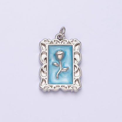 16K Gold Filled Rose Flower White, Blue, Pink Sparkly Enamel Rectangular Charm in Gold &amp; Silver | AC1350 - AC1355