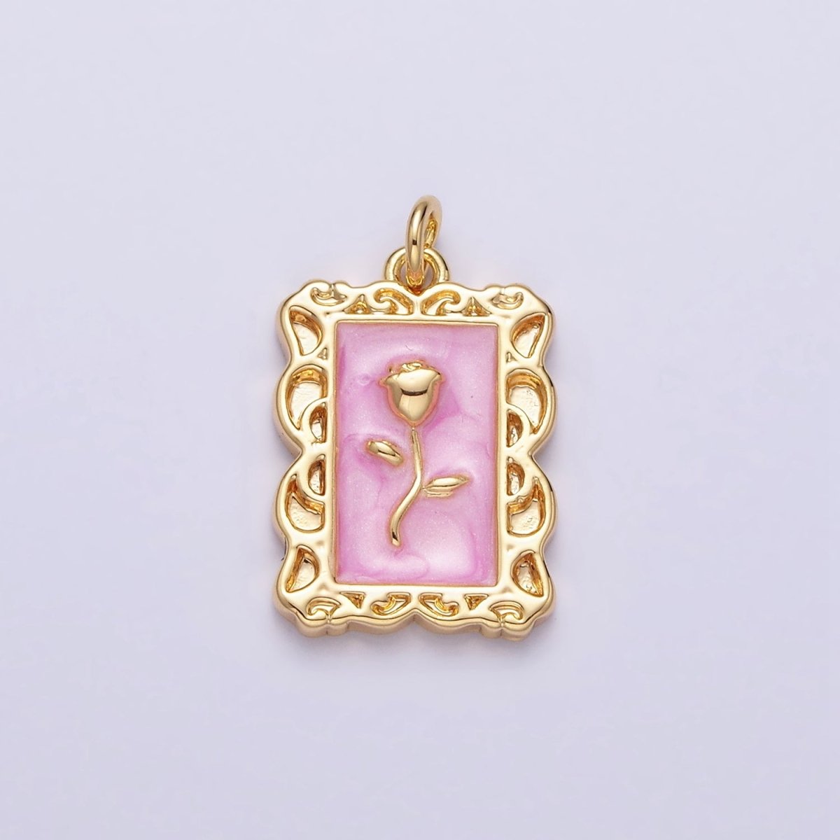16K Gold Filled Rose Flower White, Blue, Pink Sparkly Enamel Rectangular Charm in Gold &amp; Silver | AC1350 - AC1355