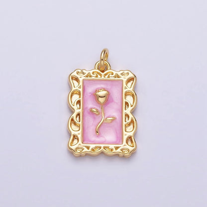 16K Gold Filled Rose Flower White, Blue, Pink Sparkly Enamel Rectangular Charm in Gold &amp; Silver | AC1350 - AC1355